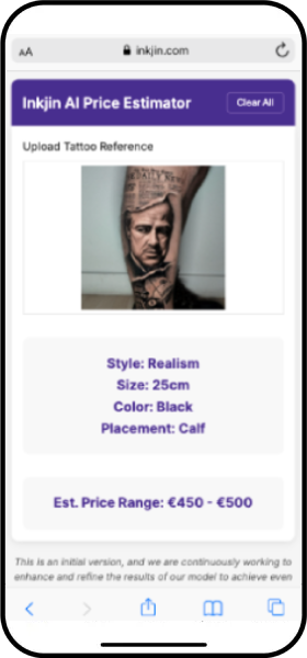 Inkjin AI price estimator showing a tattoo price range