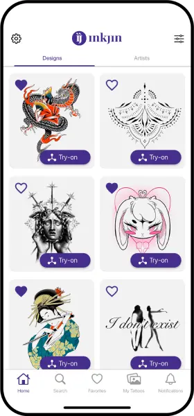 Inkjin app screen showing tattoo design discovery
