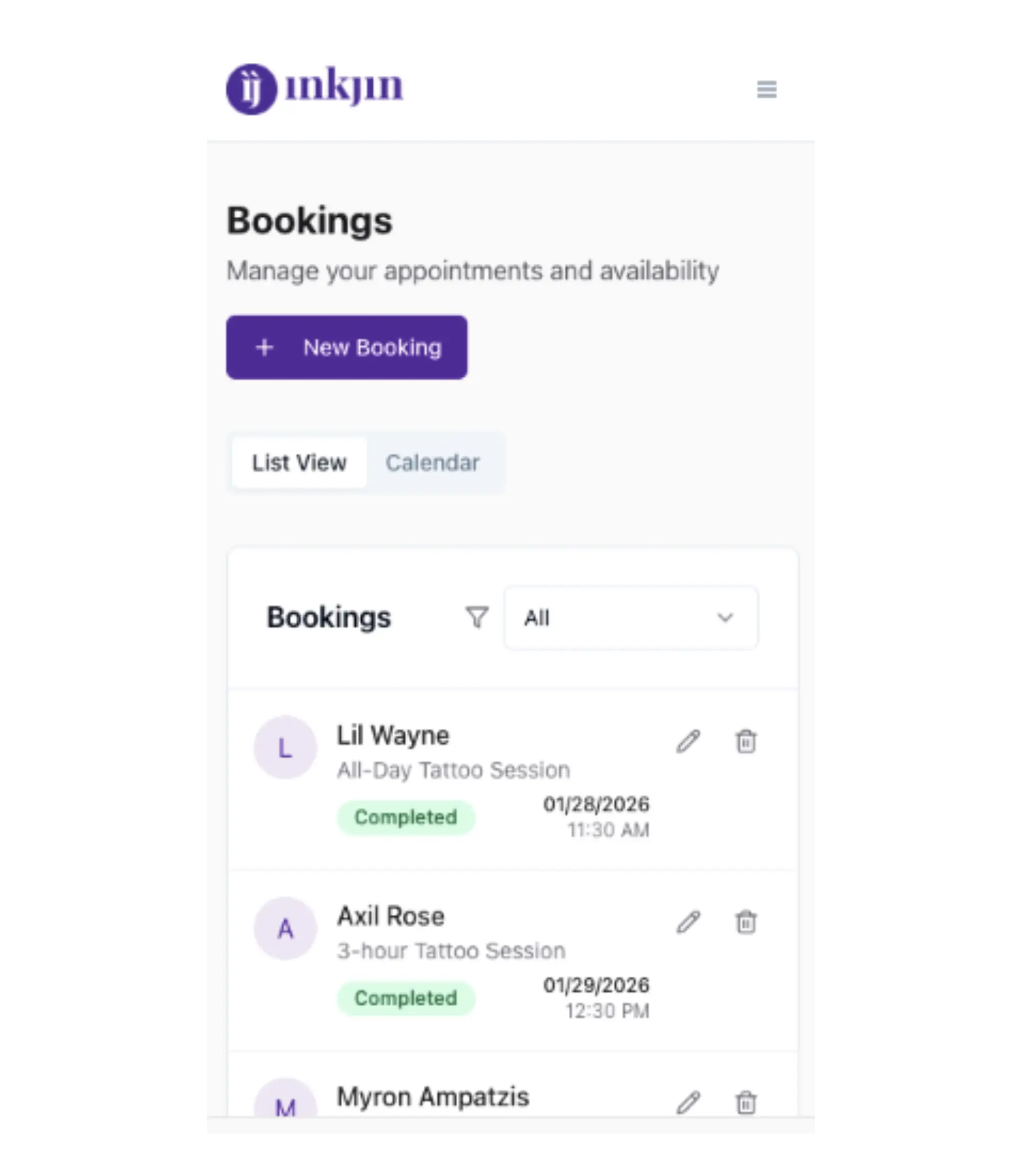 Showing bookings dashboard