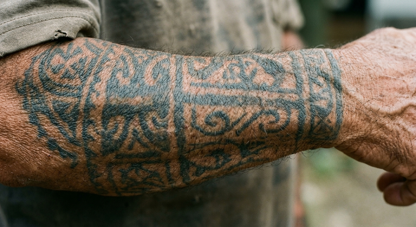 Close up showing how black tribal ink fades to dark grey over time