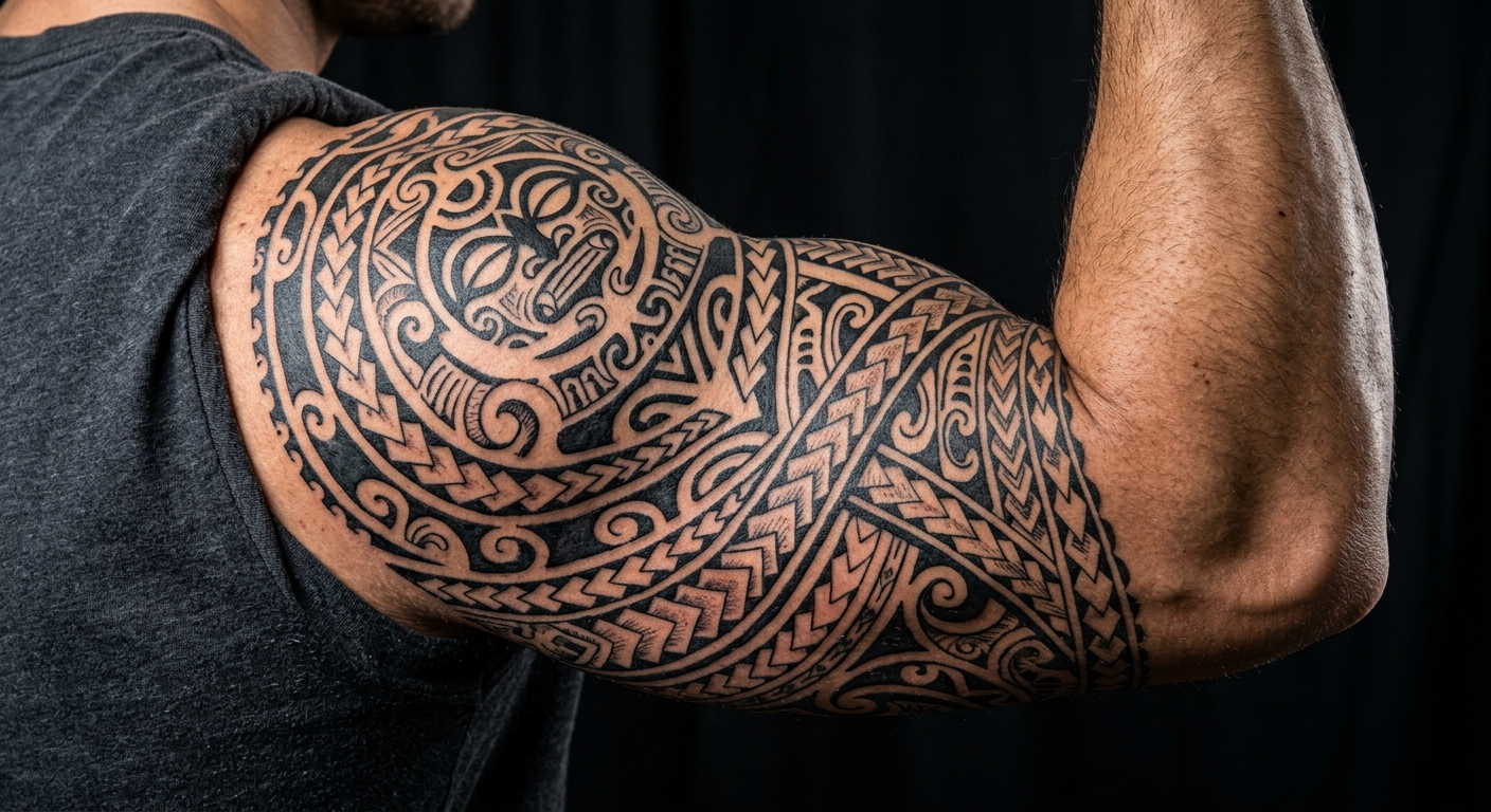 Artist applying thick solid black ink for a tribal tattoo